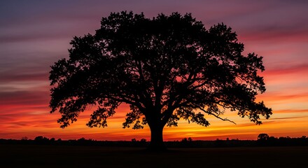 Silhouette of a majestic large oak tree against a vibrant sunset sky with warm colors