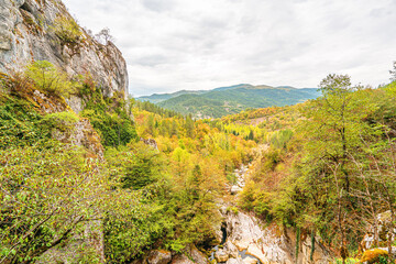 The scenic views of the Horma Canyon (Horma Kanyonu) in the fall season, an amazing place for nature lovers, captivated along the 3,500 m trekking route in the Küre Mountains, Kastamonu, Turkey.