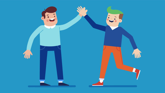A buddy giving a high five to his friend for finally fitting into his old favorite pair of jeans.. Vector illustration