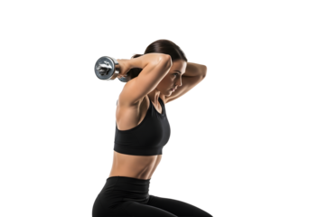Person trainning woman doing triceps exercise with dumbbell isolated on transparent background