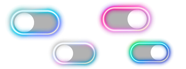 Neon toggle switch buttons isolated on transparent background for user interface