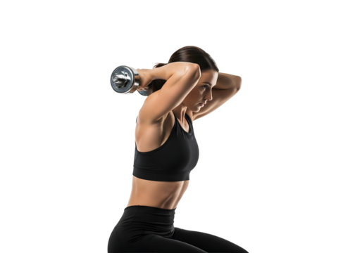 Person trainning woman doing triceps exercise with dumbbell isolated on transparent background