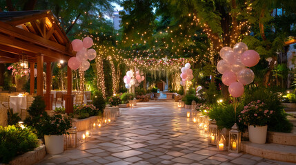 Obraz premium Enchanting garden pathway illuminated by fairy lights and lanterns, perfect for elegant celebrations and romantic events.