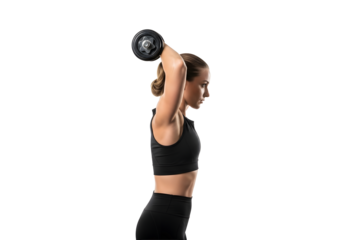 Person trainning woman doing overhead triceps extension with dumbbell isolated on transparent background