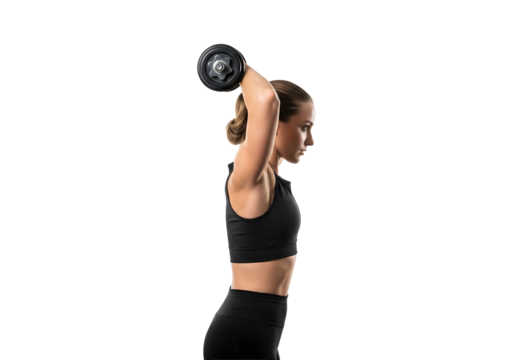 Person trainning woman doing overhead triceps extension with dumbbell isolated on transparent background