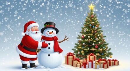 Santa claus and a snowman standing together in a snowy landscape with a decorated christmas tree and gift boxes