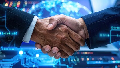 Handshake between businessmen in digital environment, representing global cooperation, trust and partnership in modern technological and financial sectors