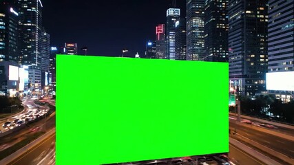 Futuristic Infrastructure with large billboard a green screen megapolis highway neon lights skyscrapers on background city traffic at night distortion, overlay, glitch, static noise, scan lines black