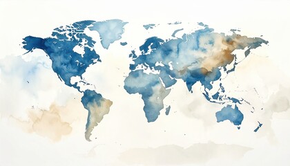 Obraz premium World map in watercolor blue and beige palette representing unity, global connection, travel inspiration, and exploration across continents and cultures