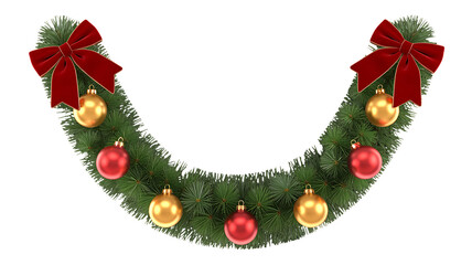 Festive christmas garland with red bows and gold and red ornaments, isolated on transparent background a decorative element for holiday season