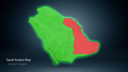 Digital map of Saudi Arabia highlighting the Eastern Region in red. Clean geographic visualization with provincial borders and a glowing modern style.
