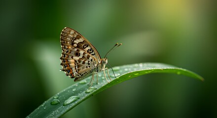 Close up of a delicate butterfly resting on a dew-covered green leaf in soft light
