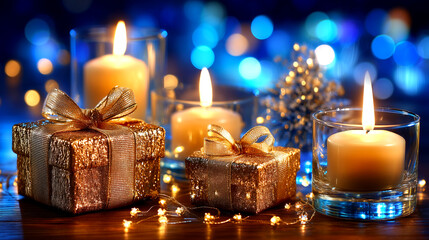 Sparkling golden gifts with flickering candles and warm fairy lights create a magical, celebratory holiday atmosphere for special occasions