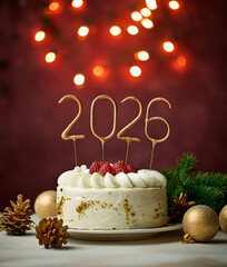 A wonderful Christmas cake with mascarpone cream and fresh raspberries on a decorated holiday table with a fir branch and decorations and holiday lights background. Sparklers numbers 2026