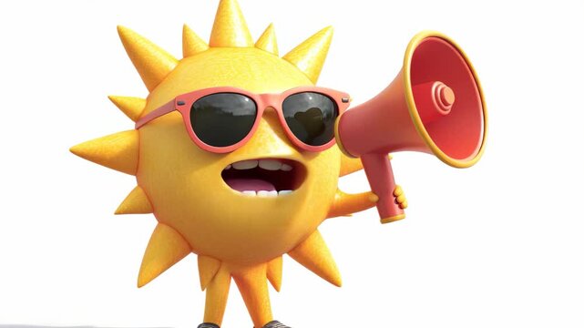 A cartoon sun with sunglasses and a megaphone. The sun is yellow and has a red and orange sun hat