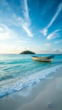 Serene tropical scene of a wooden boat floating near a beautiful sandy beach