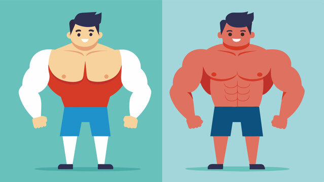 A before and after comparison of a mans body drastic muscle gains apparent but his once chiseled face now bloated and distorted from the effects of excessive steroid use.. Vector illustration