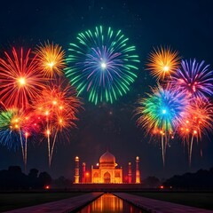 Taj Mahal Colorful Fireworks Night Festive Celebration