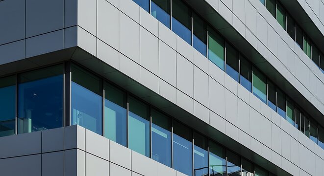 Sleek contemporary building facade featuring reflective glass windows and geometric paneling under clear daylight