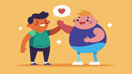 A close friend compliments and encourages her struggling friend reminding him that his worth goes beyond his weight.. Vector illustration