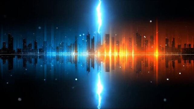 Dynamic futuristic cityscape with glowing blue and orange energy, vibrant reflections, and abstract sound wave patterns