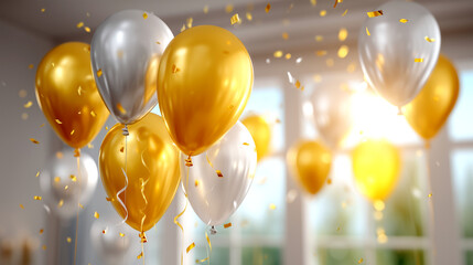 Celebrate success with stunning gold and silver balloons and shimmering confetti creating a festive and elegant party atmosphere