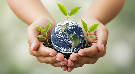 Human hands holding a small Earth globe with green saplings growing, symbolizing sustainability