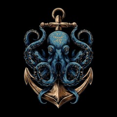 A vintage style octopus entwined around a classic anchor on black.