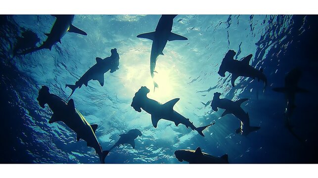Underwater Hammerhead Sharks Swimming in Ocean Waters.