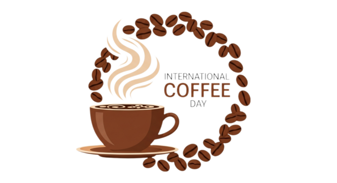 Brown coffee cup with steam and coffee beans forming a circle around text International Coffee Day