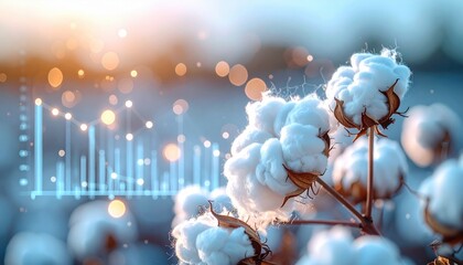Cotton plant in soft morning light with digital chart overlay representing agriculture innovation, textile economy and sustainability in global commodity trade