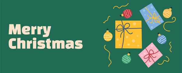 Festive Christmas banner with gift boxes, shiny baubles, confetti, and decorative elements on a green background. Perfect for holiday greeting cards, web banners, and seasonal promotions