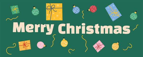 Festive Christmas banner with gift boxes, shiny baubles, confetti, and decorative elements on a green background. Perfect for holiday greeting cards, web banners, and seasonal promotions