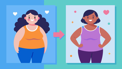 A before and after photo wall showcasing how body positivity can impact ones physical appearance.. Vector illustration