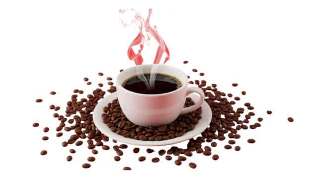 White coffee cup filled with dark coffee surrounded by roasted coffee beans with red steam rising - Powered by Adobe