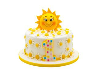 Cheerful first birthday cake adorned with a smiling sun topper and daisy flowers set against a pure transparent background for celebration.