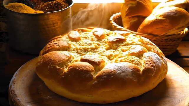 Freshly baked round Markouk bread with golden crust and flour dusting rests on rustic wooden board beside spices in warm sunlight. Concept of traditional cuisine and cozy homemade atmosphere