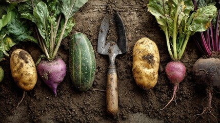 Harvested Vegetables and Gardening Trowel on Dirt Ground