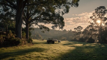 Cattle Grazing Near Tractor on Sunlit Rural Pasture
