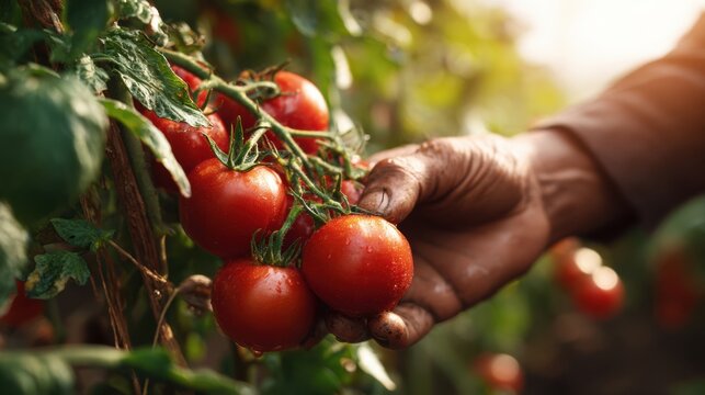 Farmer's Hand Picking Ripe Tomatoes in Sunlit Greenhouse