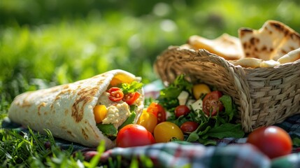 Freshly prepared wrap and picnic basket of food.