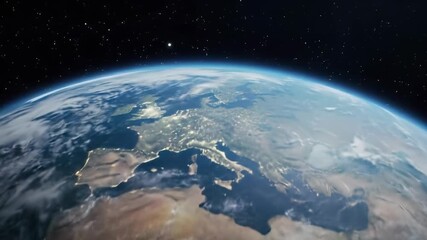 A realistic cgi planet earth rotates gracefully in dark outer space with soft blue dawn glow, revealing continents and flickering city lights against twinkling stars and lens flares, showing global