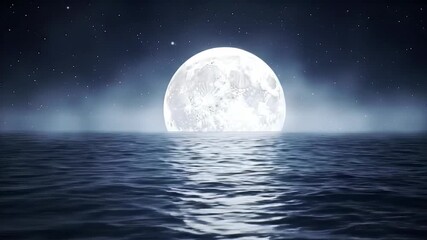 Majestic full moon rises over calm ocean waves, casting shimmering reflections across the tranquil night sky - Powered by Adobe
