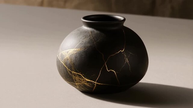 Black ceramic vase repaired with kintsugi gold