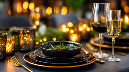 Elegant dining setup with flickering candlelight, wine glasses, and festive golden accents creates a warm, inviting atmosphere for special occasions.
