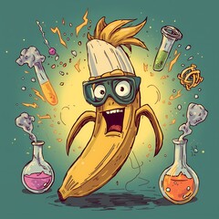 Whimsical banana scientist in lab coat joyfully experiments with beakers and bubbling potions