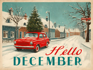 Festive red car driving through a snowy street in December with decorated trees and cozy houses