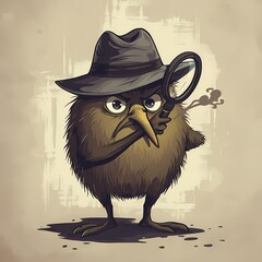 Intriguing kiwi bird character with magnifying glass wearing a detective hat, perfect for mystery themes