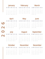 Minimalist English 2026 year calendar template single vertical page with 12 month. Layout yearly planner week starts on sunday