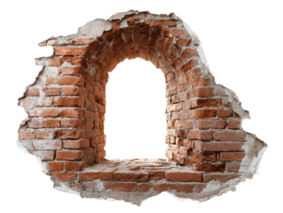 Brick wall with a large arch opening showing the view beyond in a minimalist style setting